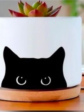 Black Cat Ceramic Planter Pot for Cats - Decorative White Pot
